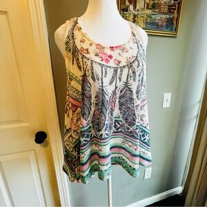 Floral and Feather Print Bohemian Women's Sweater Top Size M-L Fairy CottageCore